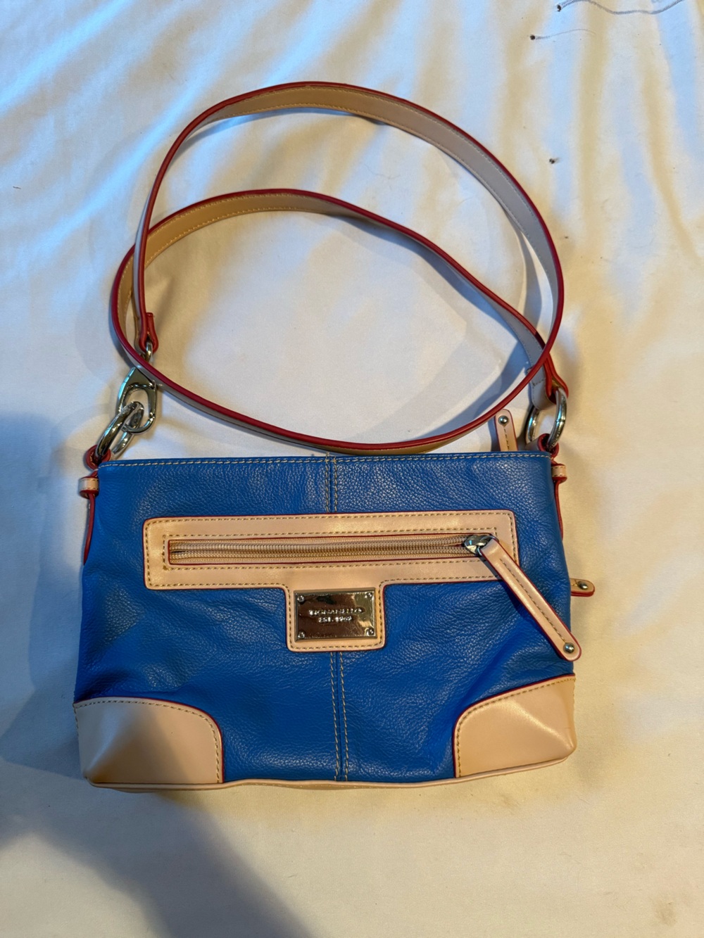 Tignanello Blue Leather Shoulder Bag with Cream Trim and Red Edging